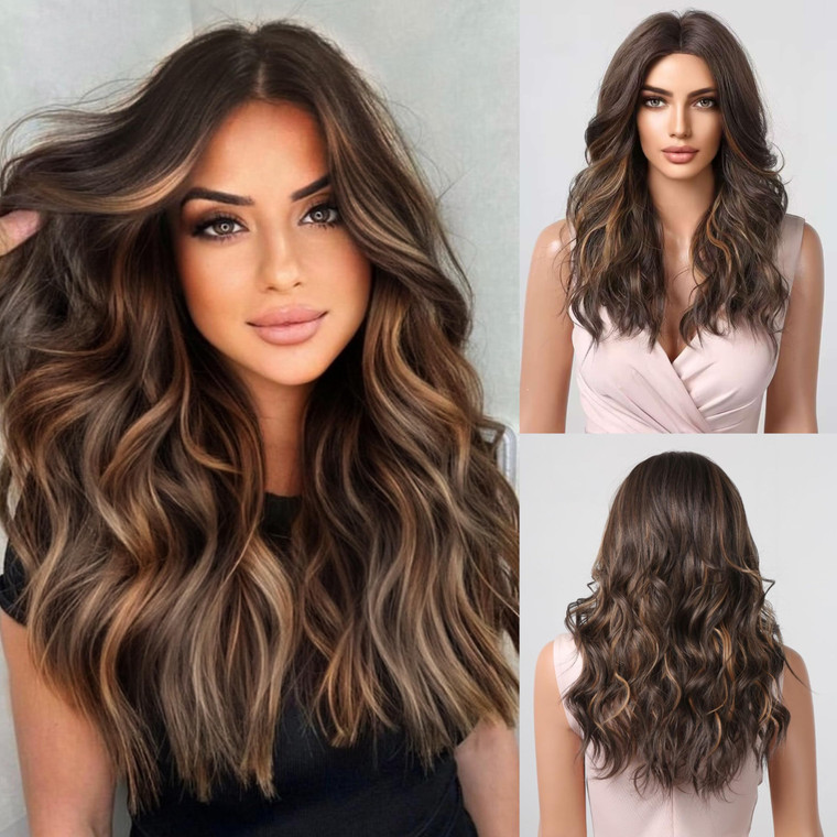 HAIRCUBE Long Dark Brown with Highlights Wigs for Women Synthetic Curly Wavy Hair Wig for Daily