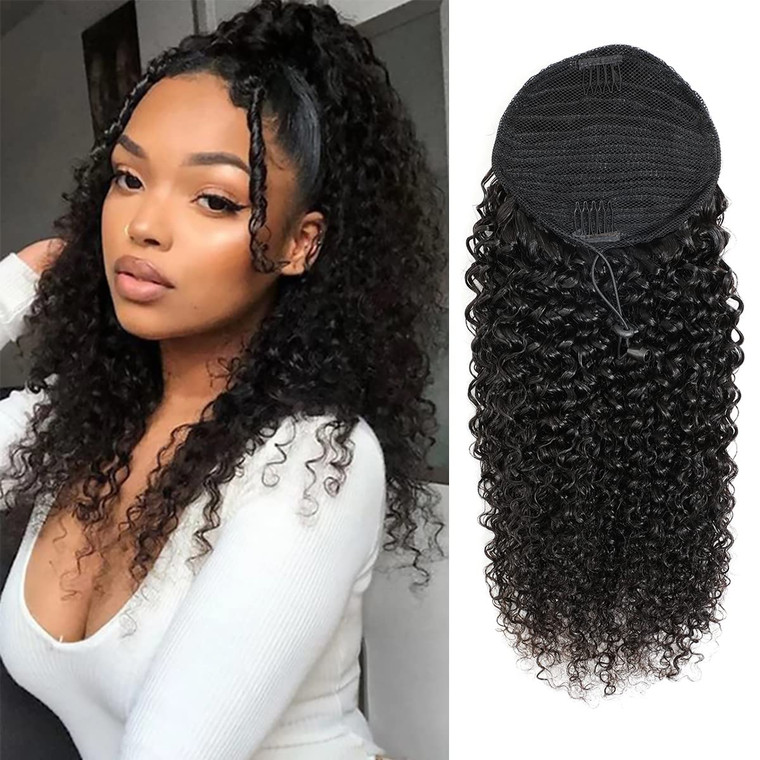 Kinky Curly Ponytail Hair Afro Curly Clip In Hair Piece Natural Color Silky Soft Ponytail, Curly Ponytail Extensions (22 Inch, Kinky Curly)
