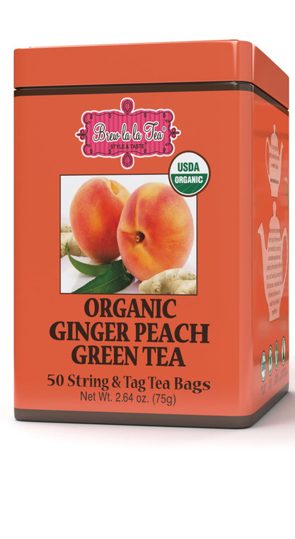 Brew La La Organic Green Tea - Natural Ginger Peach Flavor - 50 Double Chambered Tea Bags - Low Caffeine - USDA Certified Organic - NonGMO - Gluten F