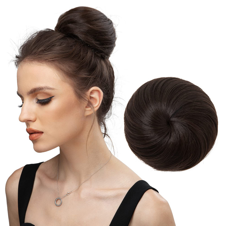 SARLA Dark Brown Hair Buns Extension Drawstring Updo Donut Chignon Straight Synthetic Fake Ballet Bun for Women Lady 1 Pcs