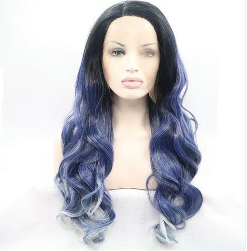 melody wig Blue Ombre Lace Front Wig With Dark Roots - Long Wave Synthetic Lace Front Wig For Women Blue Black Mixed Color Fiber Hair Heat Resistant