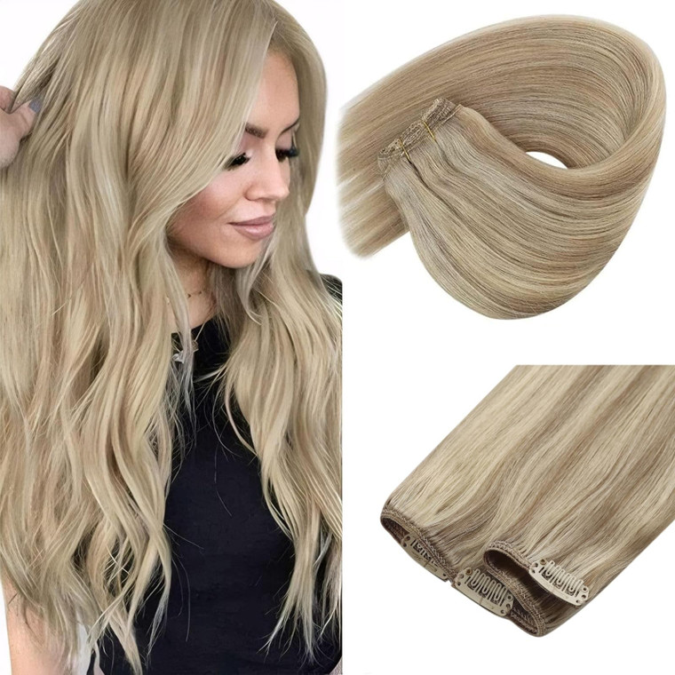 Sunny Hair Clip in Hair Extensions Real Human Hair 85g Remy Hair Clip in Extensions for Women Human Hair Extensions Dark Golden Blonde Highlights Lig
