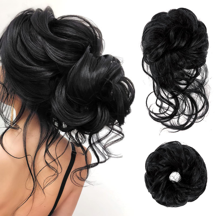 Pwsap Black Wavy Curly Messy Bun Wig, Soft & Comfortable, Heat Resistant Synthetic Hair, WIG, 1 Count, Perfect for Social Events, Celebrations, Cospl