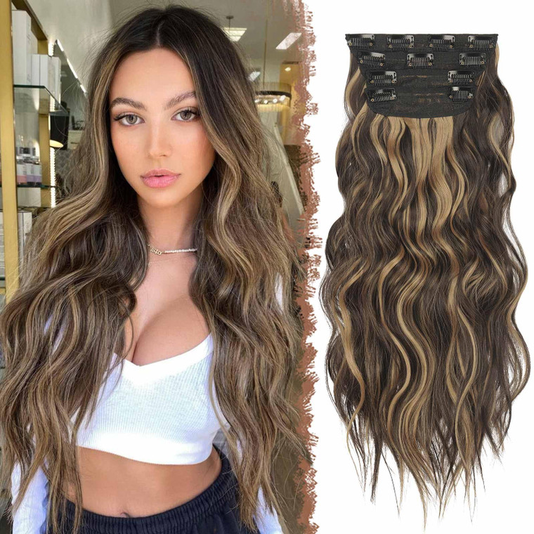 FESHFEN Clip in Hair Extensions - 4 PCS Long Wavy Clip in Hairpieces Full Head Synthetic Hair Extension for Women, 20 Inch Brown Highlighteded Carame