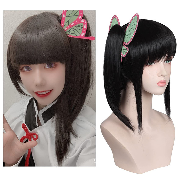 FantaLook Brownish Black Wig with 4 Butterflies for Halloween and Cons