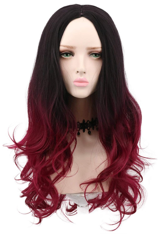 yuehong Long Curly Black Red Womens Wig Wavy Ombre Anime Cosplay Wigs Heat Resistant Synthetic Fibers Soft Breathable Costume