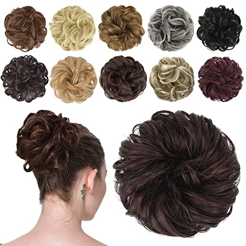 FESHFEN Messy Bun Hair Piece - Wavy Synthetic Chignon Scrunchies for Instant Volume, Elastic Bun Ponytail Hair Extensions Thick Hairpieces for Women,