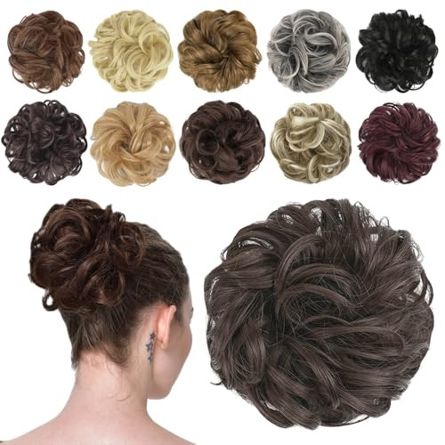 FESHFEN Messy Bun Hair Piece - Wavy Synthetic Chignon Scrunchies for Instant Volume, Elastic Bun Ponytail Hair Extensions Thick Hairpieces for Women,