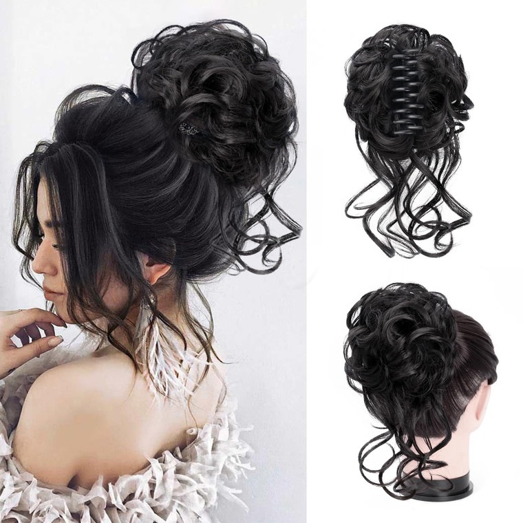 Foaoit Messy Bun Hair Piece Claw Clip Bun Hair Accessories for Women Messy Wavy Curly Bun Extensions Short Tousled Updo Synthetic Black Hair Extensio
