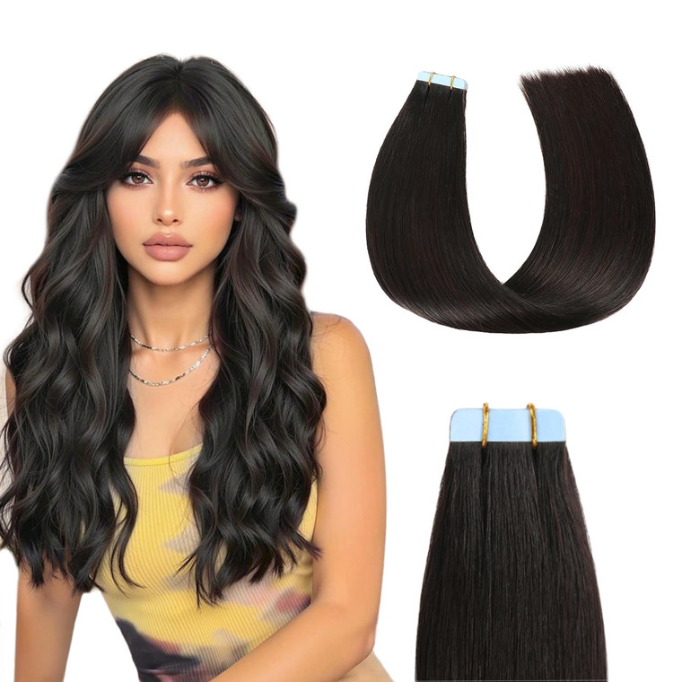 Sunya Tape in Hair Extensions Human Hair 20 Inch Straight Remy Human Hair Tape in Extensions Seamless Skin Weft Natural Black Tape in Hair Extensions