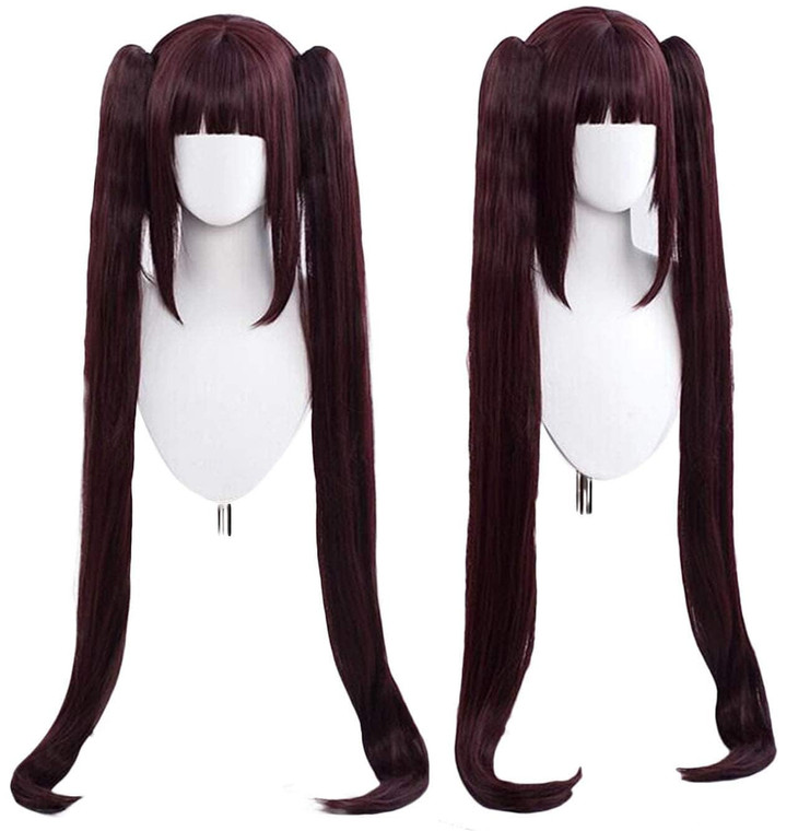 ANOGOL Hair Cap+Dark Brown Pigtails Wigs Brown Ponytail Wig Brown Two Pigtail Chocolate Wig with Bangs Long Straight Cosplay Wigs for Movie Costume f