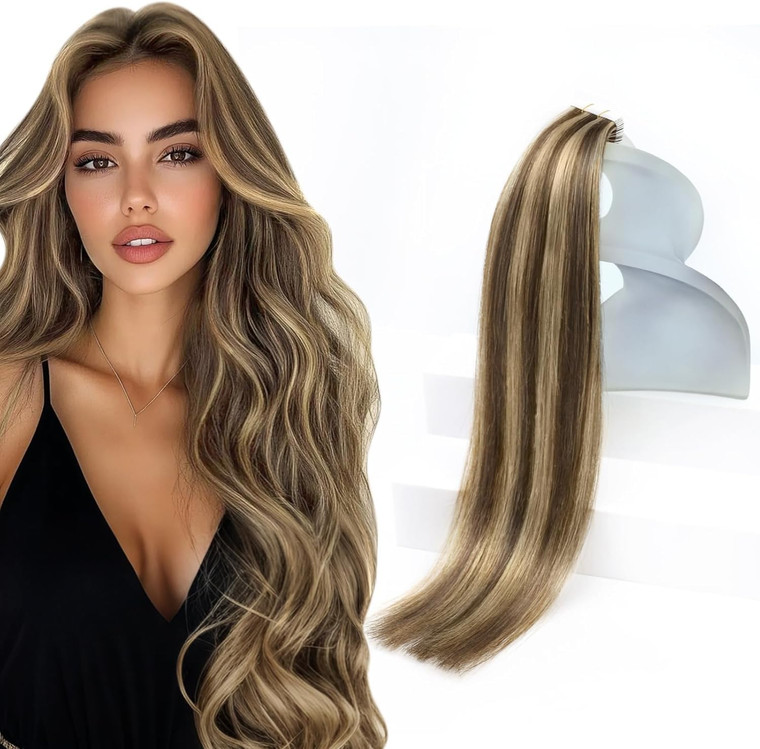 Sunny Hair Tape in Hair Extensions Human Hair 18 Inch Remy Hair Extensions Tape ins for Women Dark Brown Highlight Caramel Blonde Hair Extensions Rea