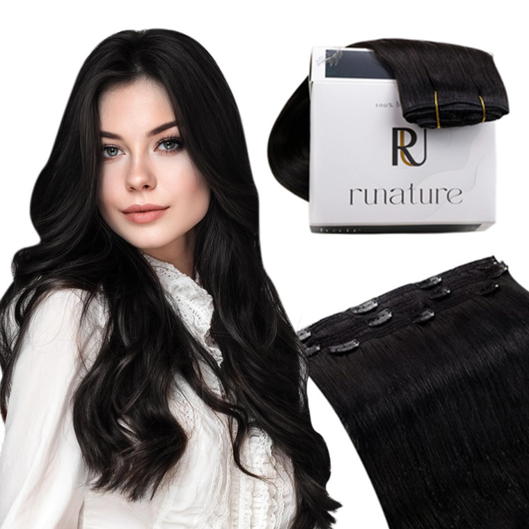 RUNATURE Black Clip in Hair Extensions, Real Hair Extensions Clip Ins, Long Human Hair Clip in Extensions, Remy Soft Hair, Natural Looking, 20 Inch 5