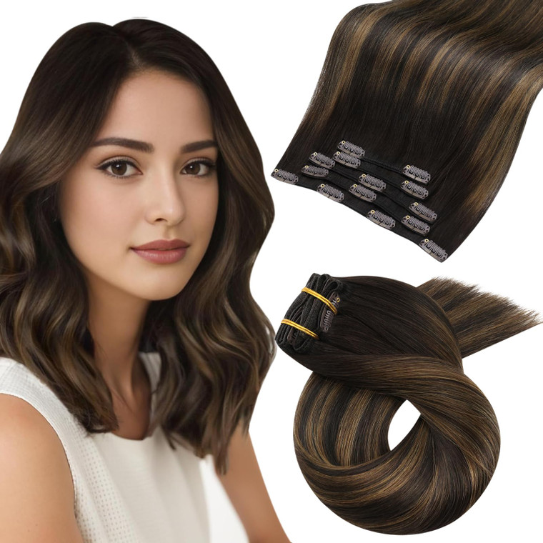 Moresoo Clip on Hair Extensions for Women Remy Double Weft Straight Balayage Short Hair Extensions Real Human Hair Clip ins Ombre Dark Brown with Che