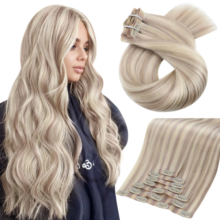 Moresoo Clip in Hair Extensions Real Human Hair Blonde Highlight Seamless Human Hair Clip in Extensions Ash Blonde with Blonde Hair Extensions for Wo