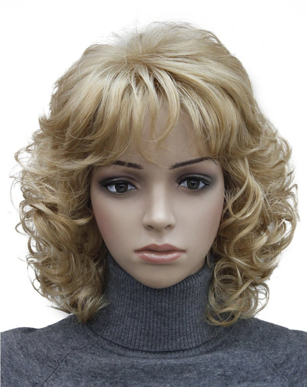 Kalyss Short Curly Wavy Blonde Wigs for Women Blonde Wig with Hair Bangs Heat Resistant Synthetic Hair Wigs 12 Inches