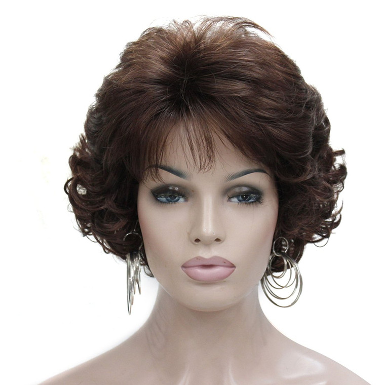 Kalyss 10" Short Curly Wavy Wig with Hair Bangs 100% Imported Premium Synthetic Fashion Brown Hair Wigs for Women (Dark Brown)