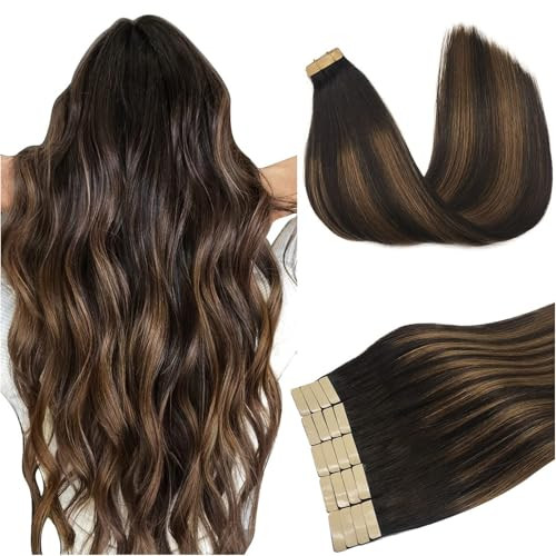 DOORES Tape in Hair Extensions Human Hair, Balayage Dark Brown to Chestnut Brown 50g 20pcs 18 Inch, Human Hair Extensions Natural Remy Straight Hair