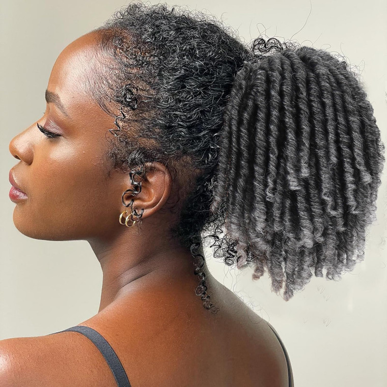 Matthia Grey Dreadlock Drawstring Ponytail for Black Women,6inch Short Curly Faux Loc Ponytail Hair Piece Clip on Coil Dreadlock Ponytails for Women