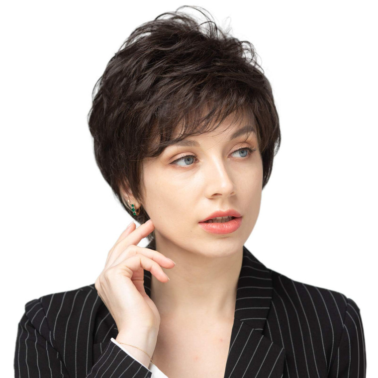 BLONDE UNICORN Natural Black Pixie Cut Short Wigs with Bangs for Women, Fiber & Remy Human Hair Blend for Natural Daily Use