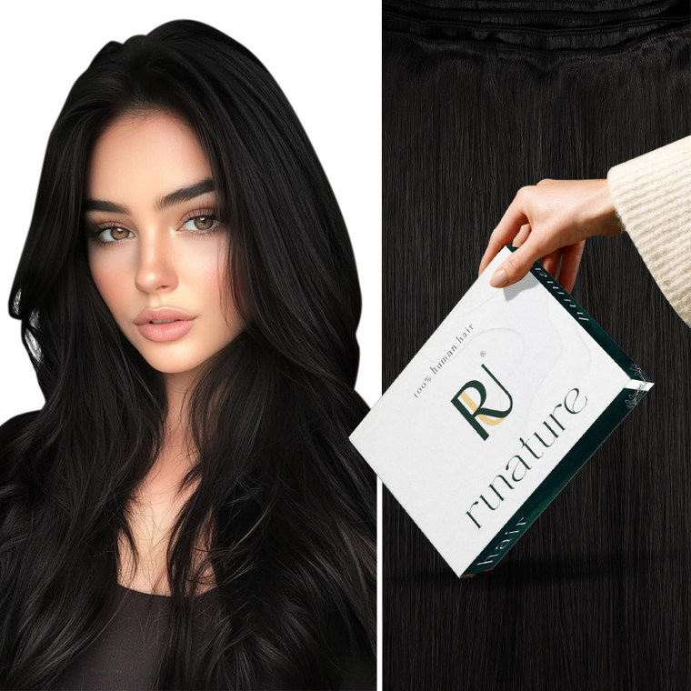 RUNATURE Weft Hair Extensions Black Sew in Human Hair Weft Extensions 14 Inch 100g Thick Weft Human Hair Extensions Jet Black Real Hair Silky Soft, N