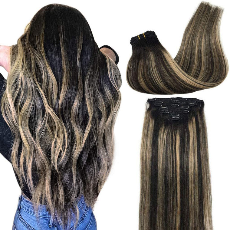 GOO GOO Clip in Hair Extensions Real Human Hair, Remy Human Hair Extensions Clip ins for Women, Natural Human Hair, 16inch 120g 7Pcs, 1B/16/1B Balaya