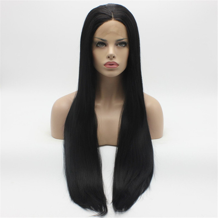 Lushy Hair Lace Front Synthetic Straight Super Long 28inch Black Wig Heat Resistant Heavy Density Realistic Wig