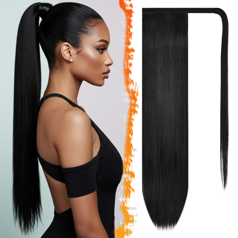 BARSDAR Natural Black Straight Ponytail Extension - 28 Inch Long Straight Wrap Around Ponytail Hair Extensions for Black Women, Synthetic Clip in Pon