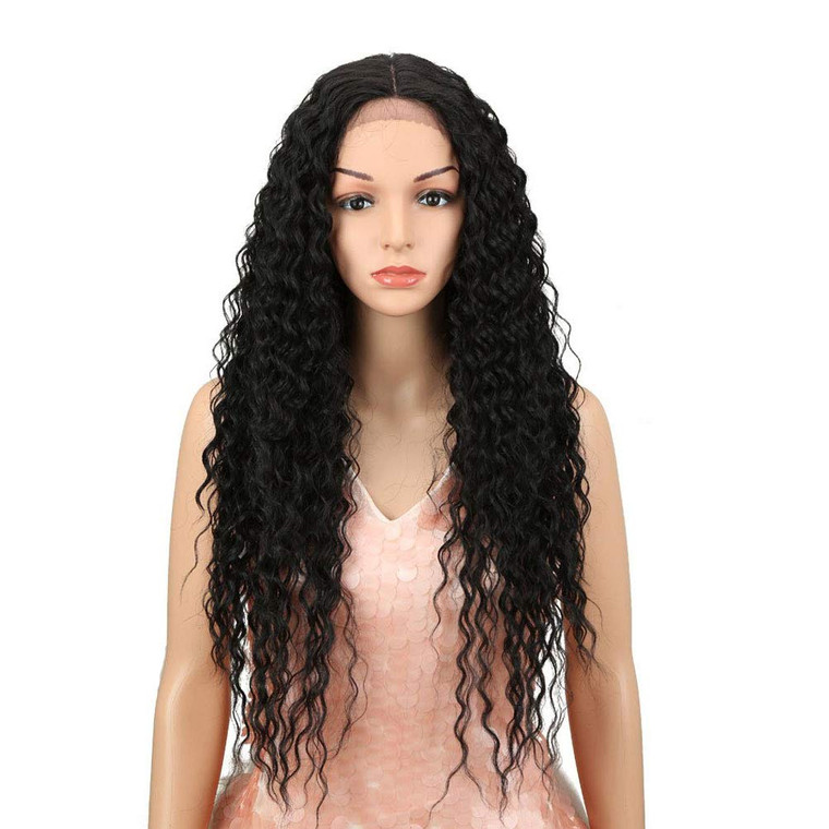 Style Icon Lace Front Wigs 28 Long Curly Wig for Women Black Synthetic Wigs Density 130% Heat Resistant Replacement Wig (28", 1B#)