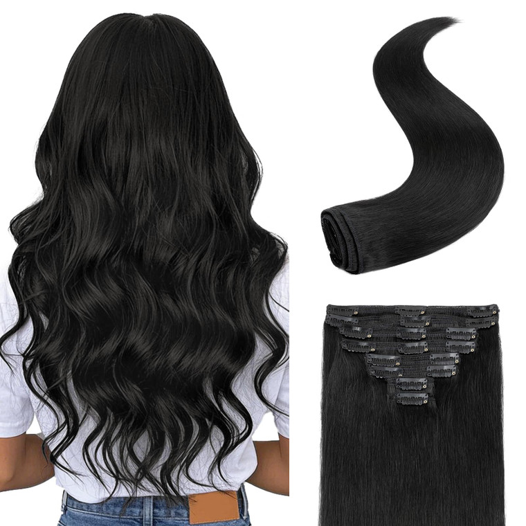 S-noilite Clip in Hair Extensions Real Human Hair Jet Black Human Hair Extensions Clip Ins 18 Inch 8pcs 140g Straight Real Clip in Human Hair Double