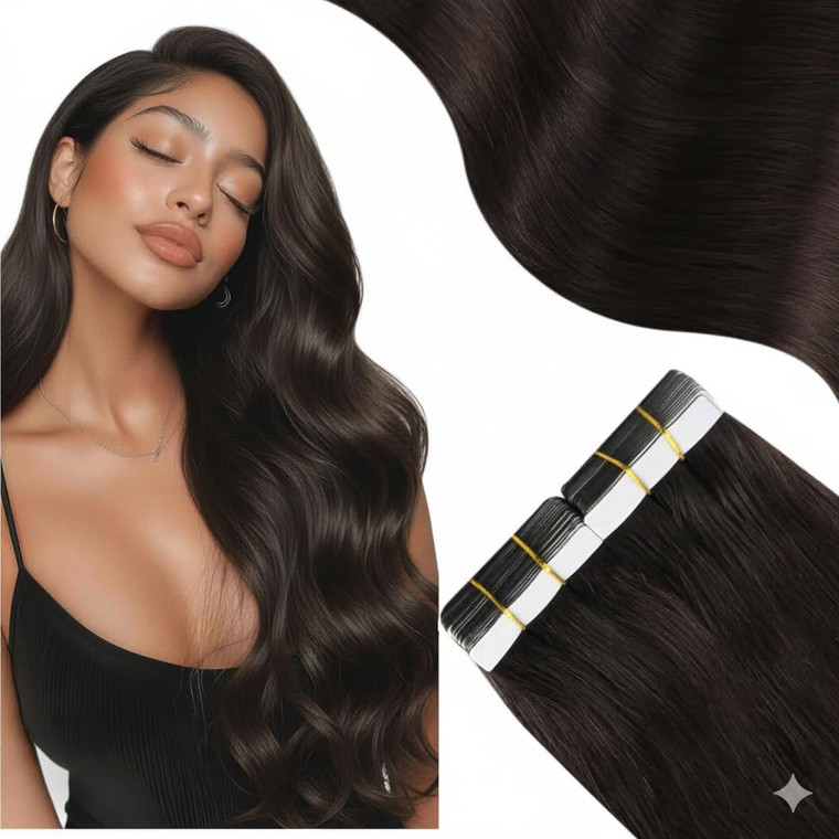 Moresoo Brown Tape in Hair Extensions Seamless Real Human Hair Tape in Extensions Dark Brown Hair Extensions Glue in Human Hair Add Length for Weddin