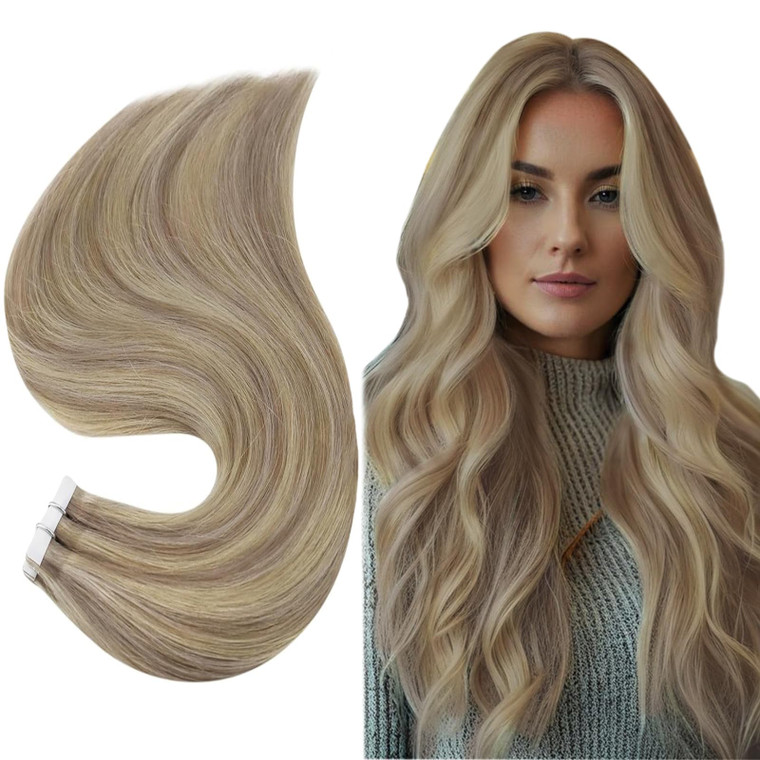 Full Shine Seamless Remy Hair Extensions Tape in Color 18/613 Ash Blonde Mix With Blonde Natural Hair 14Inch Tape in Real Human Hair Extensions Doubl