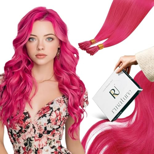 RUNATURE I Tip Hair Extensions Human Hair, Itip Human Hair Extensions 16 Inch 25s Hot Pink Hair Extensions Natural ITips Extensions Pink Pre Bonded H