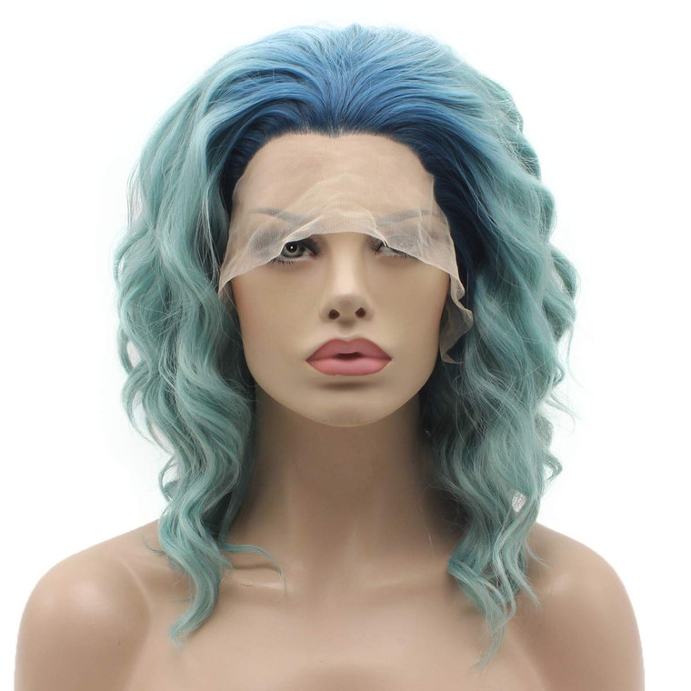 Lushy Lace Front Synthetic Wig Short 14inch Wavy Blue Root Light Blue Ombre Wig Heavy Density Realistic Wig