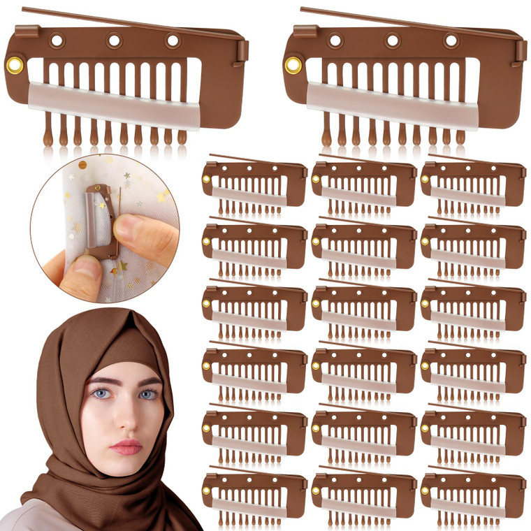 Crowye 20 Pieces Chunni Clips with Safety Pins - 10 Teeth Strong Grip Flat Clips for Hijab Veil, Wigs, Hair Extensions, and Dupattas (Brown)