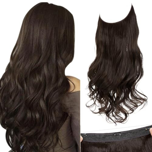 SARLA Invisible Wire Hair Extensions with 3 Clips Long Synthetic Wavy Curly Hairpiece Adjustable Transparent Headband for Women 16 Inch Dark Brown