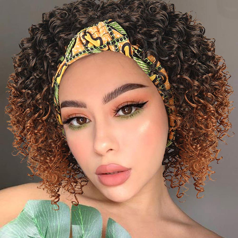 Aisaide Afro Kinky Curly Wig Headband Wigs for Black Women,Short Ombre Brown Wig with Headband Attached Natural Full Afro Wig HeadWrap 2 in 1 Synthet