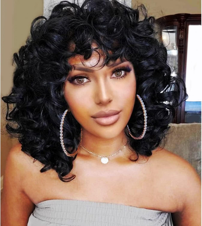 Short Curly Wigs for Black Women Afro Big Curly Black Wigs with Bangs Fluffy Natural Looking Synthetic Wigs for African American Women Daily Cosplay