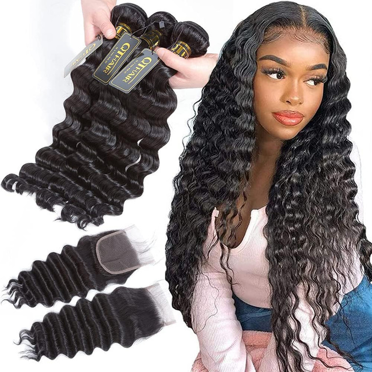 QTHAIR 18A Peruvian Loose Deep Wave Human Hair with Closure(18 20 22+16Free Part Closure,Natural Black) Peruvian Loose Deep Wave Virgin Hair Weave wi