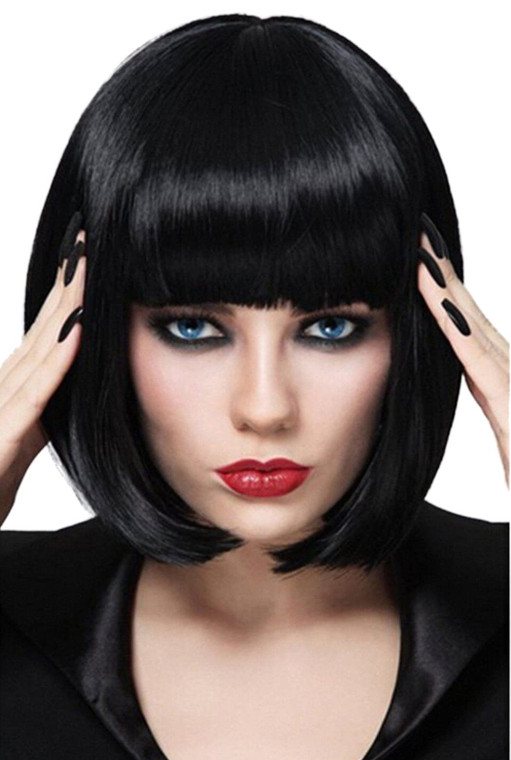 Bopocoko Black Bob Wigs for Women, 12'' Short Black Hair Wig with Bangs, Natural Fashion Synthetic Wig, Cute Colored Wigs for Daily Party Halloween B