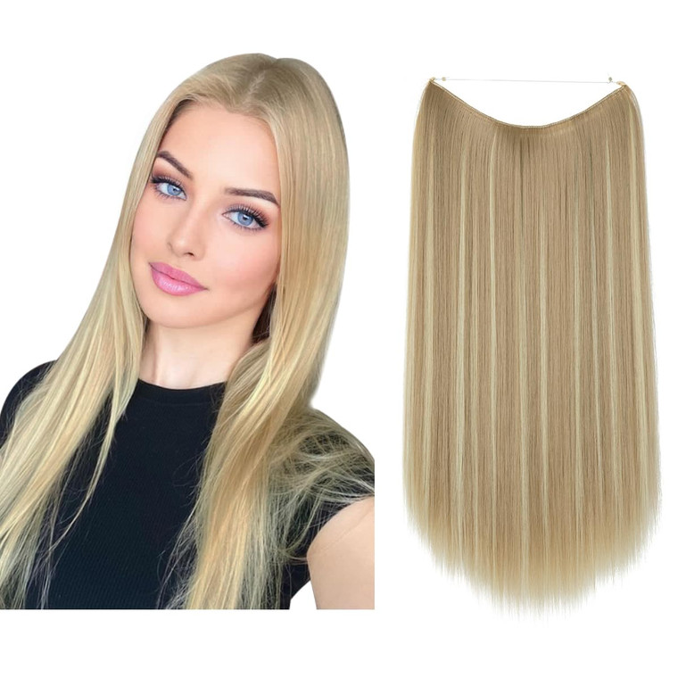 SARLA Short Invisible Wire Hair Extensions Dirty Blonde Straight Synthetic Hairpieces 14 inch Adjustable Transparent Headband for Women No Clip