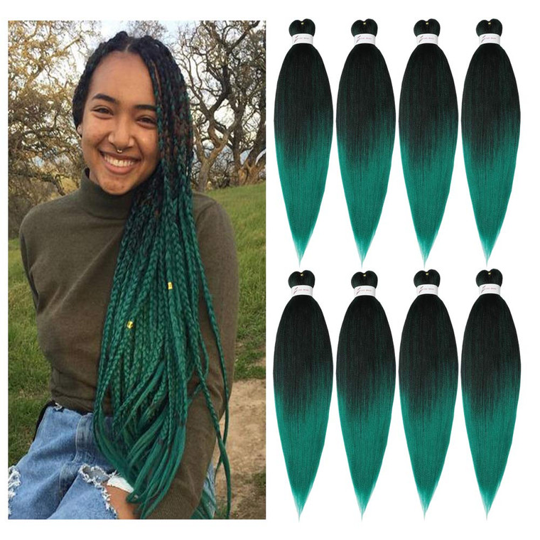 Pre-Stretched Braiding Hair Extensions Ombre Black to Green - 26 inch 8 Packs Synthetic Crochet Braids, Hot Water Setting Professional Soft Yaki Text