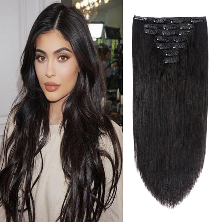 18" Clip in Human Hair Extensions Full Head 150g 7 Pieces 16 Clips Natural Black Double Weft Brazilian Real Remy Hair Extensions Thick Straight Silky