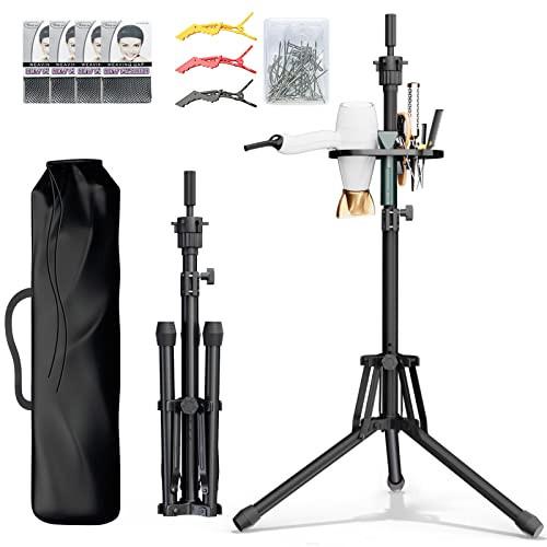 ORWOD Wig Head Stand Adjustable Height - Upgrade Wig Tripod Stand with Reinforced Tool Tray , Foldable Mannequin Head Stand for Beauty and Hairdressi