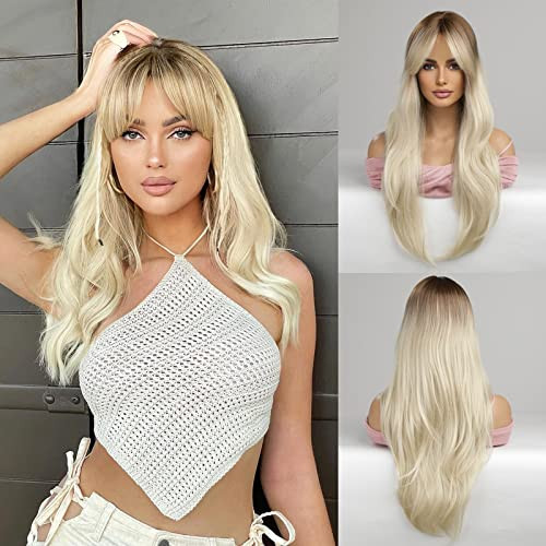 Honygebia Light Blonde Wig with Bangs - Ombre Platinum Blonde Wigs for White Women, Long Straight Wavy Synthetic Heat Resistant Hair, Natural Cute Wi