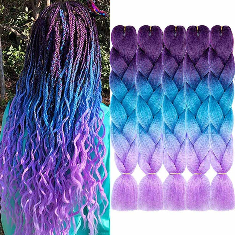 AIDUSA Ombre Braiding Hair Purple to Blue Braiding Hair Extensions for Braids 5pcs Synthetic Purple to Blue to Light Purple Braiding Hair Mermaid Hai