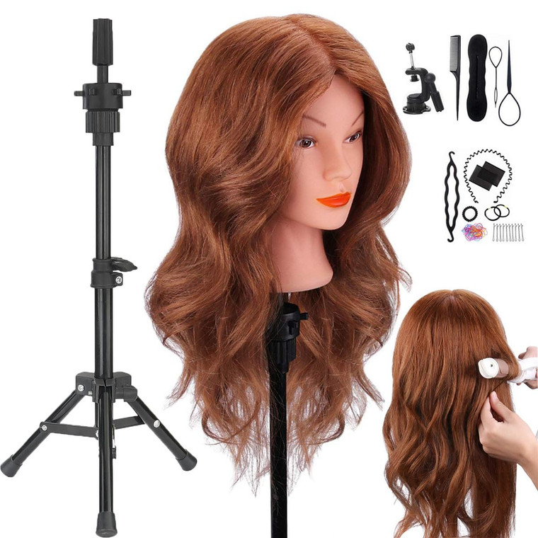 Mannequin Head with Human Hair, 18 inch Mannequin Head with Tripod Stand, Real Hair Cosmetology Makeup Hairdressing Training Head with Wig Stand Trip