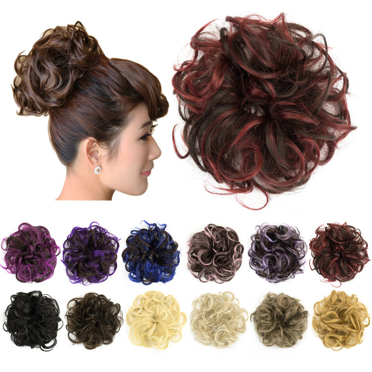 IMISSU 2PCS Messy Bun Hair Piece Updo Fake Scrunchies Ponytail Extension Wavy Curly Hairpieces Chignon Headband for Women Girls (2PCS Brown Burgundy)
