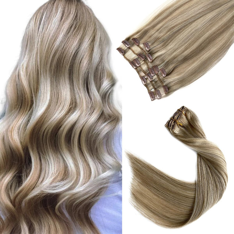 Clip in Hair Extensions Real Human Hair,Ash Blonde to Blonde Highlights Remy Human Hair Clip-in Extensions,7 Pieces 20 Inch Double Wefts Real Hair Ex