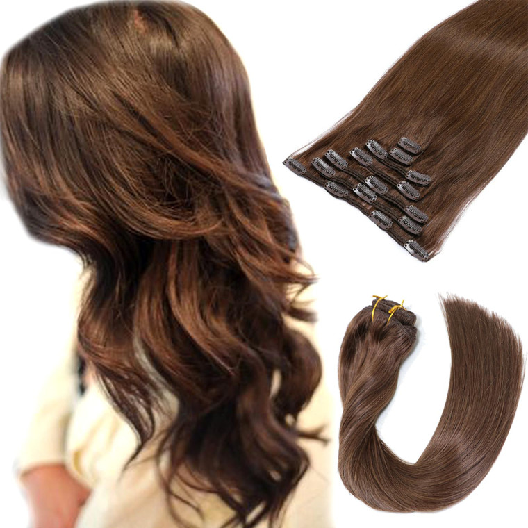 Clip in Hair Extensions, Remy Human Hair Extensions Medium Chocolate Brown Clip on 7 Pieces Straight Weft Real Hair Extensions Clip-in Long Hair Exte